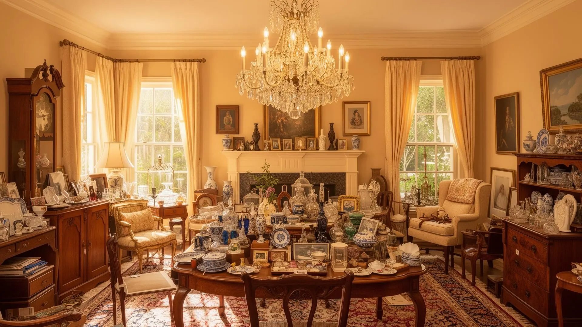 A Central Florida estate sale set up across a furnished living room